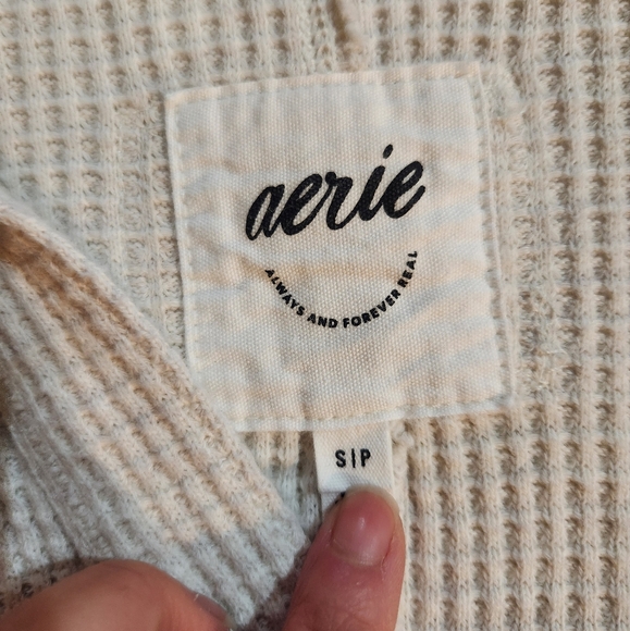 Aerie LumberJane Waffle Knit Polo Sweatshirt Size S Neutral Cozy Frost Soft - Picture 4 of 5